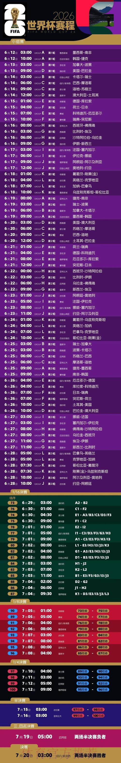 2026世界杯赛程详细安排高清直播免费观看 2026世界杯赛程详细安排高清直播免费观看